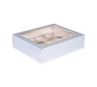 Anniversary House 12pk Blue Cupcake Boxes with Window and Removable 12 Hole Inserts, Gingham and Polka Dot Print, 1 Pack, Easy Assembly, Baby Blue, Light Blue, 7.5 x 25 x 31cm, J163AMZ