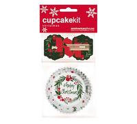 Anniversary House 28 pcs Christmas Cupcake Kit, Wreath Cupcake Decoration Set, Premium Muffin Kit for Festive Baking, 16 Cup Cake Cases and 12 Toppers Decorations, J231