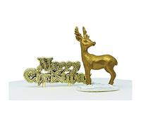 Anniversary House 2pcs Christmas Cake Toppers Set - Classic Gold Stag Resin & Gold Merry Christmas Toppers Motto - Traditional Non-Edible Yule Log Decorations - Festive Cake and Bakes Decor Set