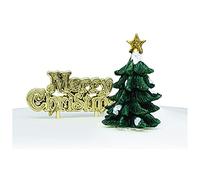 Anniversary House 2pcs Christmas Cake Toppers Set - Classic Resin Tree Toppers & Gold Merry Christmas Motto - Traditional Non-Edible Yule Log Decorations - Festive Cake and Bakes Decor Set