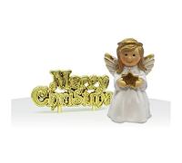 Anniversary House 2pcs Christmas Cake Toppers Set - Nativity Angel Resin Topper & Gold Merry Christmas Motto - Traditional Non-Edible Yule Log Decorations - Festive Bakes Decor
