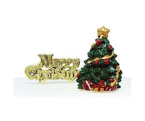 Anniversary House 2pcs Christmas Tree Resin Cake Topper & Gold Merry Christmas Motto Luxury Boxed Xmas Cake Decorations, Cake Toppers, Yule Log Decoration, Traditional Non-Edible Decorations, BX219 UK