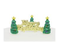 Anniversary House 4-Piece Mini Christmas Display Decorations - Gold “Merry Christmas” Motto Sign & Plastic Trees - Reusable Seasonal Décor Accents for Tabletop Displays & Centerpieces