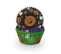 Anniversary House 75 Halloween Cupcake Cases - Heavy Duty Greaseproof Paper Baking Cups with Pumpkin, Ghost & Spooky Icon Designs - Muffin & Cupcake Liners in Resealable Storage Pot