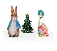 Anniversary House Beatrix Potter Peter Rabbit & Jemima Puddle Duck Christmas Cake Topper Set - 3 Hand-Painted Resin Figurines with Tree - Reusable Festive Toppers Decorations for Cakes & Yule Logs