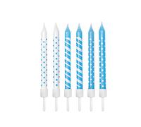 Anniversary house Birthday Candles Set of 12 - Polka Dot and Stripe Light Blue and White with Holders - Printed Party Cake Toppers and Decorations