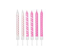 Anniversary house Birthday Candles Set of 12 - Polka Dot and Stripe Light Pink and White with Holders - Printed Party Cake Toppers and Decorations
