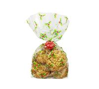 Anniversary House Pack of 20 Holly Christmas Cellophane Bags, Party, Cookie, Biscuit, Sweet Treat, Cake, Sweets, Gift, Food Bag 12.5 x 28.5cm, Clear with Festive Pattern, Inc. Twist Ties, Gifts, M558