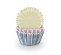 Anniversary House Pack of 75 Stripe Cupcake Cases for Spring Baking, Baking Cups in Heavy Duty Greaseproof Paper, Pink, Yellow and Blue, J245