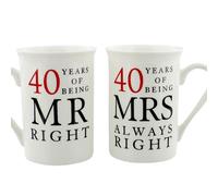 40th Set of 2 China Mugs 'Mr Right & Mrs Always Right'