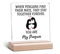 Anniversary Wedding Acrylic Plaque I Love You Gift for Him Her Romantic Penguin Gifts for Men Birthday Gift for Boyfriend Clear Desk Decorative for Couple Acrylic Plaque with Wooden Stand Office Decor