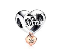 Annmors Forever Sister Love Heart Dangle Charm-925 Sterling Silver Love Sister Dangle fit European Bracelet&Necklace,Christmas Halloween Valentine's Day Birthday Jewelry Gifts