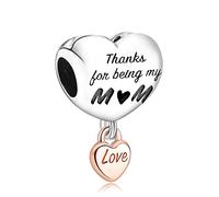 Annmors I Love Mom Heart Dangle Charms in 925 Sterling Silver with Cubic Zirconia for Bracelets
