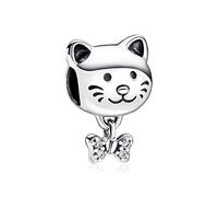 Annmors Pet Cat & Bow Charm 925 Sterling Silver Bead with Cubic Zirconia for Animal Lovers Gifts Christmas Halloween Valentine's Day Happy Birthday Pet Cat & Bow