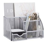 Annova Mesh Desk Organizer Office with 7 Compartments + Drawer/Desk Tidy Candy/Pen Holder/Multifunctional Organizer (Silver)