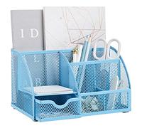 Annova Mesh Desk Organizer Office with 7 Compartments + Drawer/Desk Tidy Candy/Pen Holder/Multifunctional Organizer (Blue)