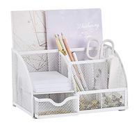 Annova Mesh Desk Organizer Office with 7 Compartments + Drawer/Desk Tidy Candy/Pen Holder/Multifunctional Organizer (White)