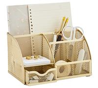Annova Mesh Desk Organizer Office with 7 Compartments + Drawer/Desk Tidy Candy/Pen Holder/Multifunctional Organizer (Gold)