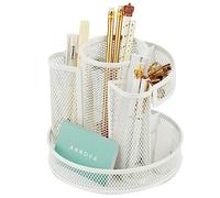 Annova Mesh Desk Organizer Rotate with 5 Compartments Round Spinning Tidy Candy/Pen Holder Desk Accessories Office, Art Supply, Storage, Classroom, Home (White)