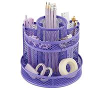 Annova Mesh Desk Organizer Rotate with 5 Compartments Round Spinning Tidy Candy/Pen Holder Desk Accessories Office, Art Supply, Storage, Classroom, Home (Purple)