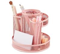Annova Mesh Desk Organizer Rotate with 5 Compartments Round Spinning Tidy Candy/Pen Holder Desk Accessories Office, Art Supply, Storage, Classroom, Home (Light Pink)