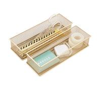 Annova Mesh Drawer Cabinet and Shelf Organizer Bins Storage Basket School Office Supply Holder Tray- Set of 2 (Gold, 22.5x7.5x5 cm)