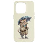 Annoyed cat, sad cat with umbrella in the rain graphic Case for iPhone 15 Pro