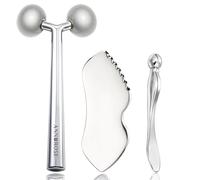 Annrose 3-in-1 Stainless Steel Facial Massage Set, Face Roller, Gua Sha Tool, Eye Cream Applicator, Silver,Gifts for Women and Girl