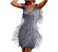 AnnSemo 1920's Great Gatsby Costume Sequin Beaded Fringed Dress Cocktail Party Tassel Dress Retro V Neck Sleeveless Flapper Art Deco Fancy UK Size Silver