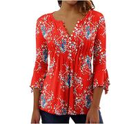 AnnSemo 3/4 Sleeve Tops for Women UK Summer V Neck Button Down Shirts Elegant Floral Printed Tunic Tops Flowy Pleated Blouses Casual Going Out Vintage Plus Size T-Shirts
