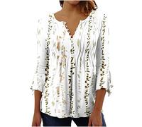 AnnSemo 3/4 Sleeve Tops for Women UK Summer V Neck Button Down Shirts Elegant Floral Printed Tunic Tops Flowy Pleated Blouses Casual Going Out Vintage Plus Size T-Shirts