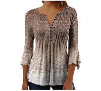 AnnSemo 3/4 Sleeve Tops for Women UK Summer V Neck Button Down Shirts Elegant Floral Printed Tunic Tops Flowy Pleated Blouses Casual Going Out Vintage Plus Size T-Shirts
