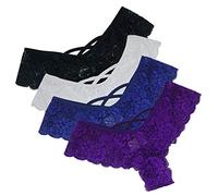 AnnSemo 4 Pack Lace G-String Thongs for Women Floral Sexy Underwear See Through French Knickers Low Waist Seamlless Sheer Panties Lacy Nightwear Cheeky Hipster Bikini Briefs Multipack