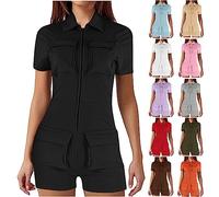 AnnSemo Cargo Jumpsuits for Women Ladies Casual Tousers Short Sleeve Collar Neck Rompers Full Zipper Bodysuits Short Pant Solid Color Slimming Fit Workout Baggy Pockets Overalls UK Size