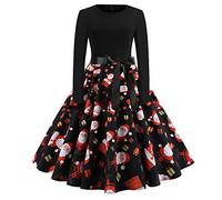 AnnSemo Christmas Dresses for Women 1950s Fancy Dress Vintage High Waist A-Line Dress Long Sleeve Swing with Belt Xmas Tree Snowflake Printed Cocktail Party