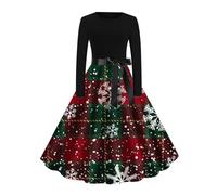 AnnSemo Christmas Dresses for Women 1950s Fancy Dress Vintage High Waist A-Line Dress Long Sleeve Swing with Belt Xmas Tree Snowflake Printed Cocktail Party