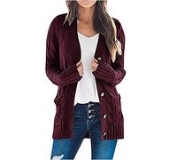 AnnSemo Chunky Cardigans for Women UK Plus Size Long Sleeve Ladies Autumn Cotton Cardigans Button Down V Neck Ribbed Knit Outerwear Open Front Tops with Pockets Wine