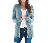 AnnSemo Chunky Cardigans for Women UK Plus Size Long Sleeve Ladies Autumn Cotton Cardigans Button Down V Neck Ribbed Knit Outerwear Open Front Tops with Pockets Light Blue