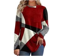 AnnSemo Fall Winter Fleece Tops for Women UK Casual Long Sleeve Crewneck Pullover Shirts Dressy Trendy Geometric Print Blouse Ladies Elegant Color Block Sweater Jumper Tops
