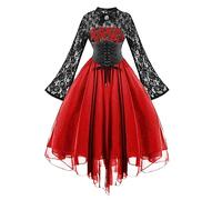 AnnSemo Halloween Costumes for Women UK Medieval Witch Dress Gothic Style Regency Corset Dress Elegant Lace Batwing Sleeve Vampire Clothes Wedding Guest Dresses Ball Gown Red