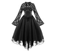 AnnSemo Halloween Costumes for Women UK Medieval Witch Dress Gothic Style Regency Corset Dress Elegant Lace Batwing Sleeve Vampire Clothes Wedding Guest Dresses Ball Gown Black