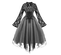 AnnSemo Halloween Costumes for Women UK Medieval Witch Dress Gothic Style Regency Corset Dress Elegant Lace Batwing Sleeve Vampire Clothes Wedding Guest Dresses Ball Gown Gray