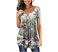 AnnSemo Henley Shirts Womens Button up Tunic Tops Casual Short Sleeve Blouse with Legging Pleated Longline T-Shirt Ladies Summer Tops Floral Print Ruffle V Neck Blouses Shirts