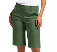 AnnSemo Ladies Bermuda Shorts Women's Stretch Cargo Shorts Business Pull on Turned Hem Bengaline Soft Work Combat Pants Plain Crop Bottoms Slim Fit Chino Capri Trousers