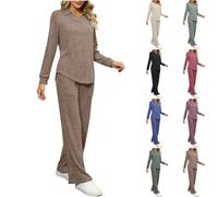 AnnSemo ladies lounge wear sets tracksuit womens full set ribbed knit tracksuit sets trun down collar long sleeve sweatshirt and wide leg trousers with pockets 2 piece outfits co ord