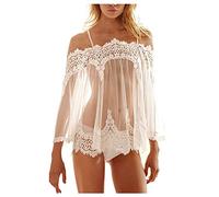 AnnSemo Lingerie for Women Halter Floral Lace Bodysuit Hollow Out Deep V Neck Backless Mini Teddy Babydoll Nightwear HZJ8 White