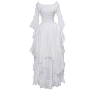 AnnSemo Renaissance Costume for Women Halloween Steampunk Gothic Maxi Dress Ruffle Layered Victorian Dress Chemise Medieval Pirate Peasant Irish Long Dresses for Lady White