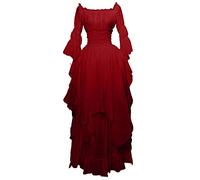 AnnSemo Renaissance Costume for Women Halloween Steampunk Gothic Maxi Dress Ruffle Layered Victorian Dress Chemise Medieval Pirate Peasant Irish Long Dresses for Lady Wine