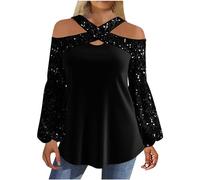AnnSemo Sequin Tops for Women UK Cocktail Sparkly Sequin Off-The-Shoulder Tops with Balloon Sleeves and Cross-Over Front Ladies Glitter Club Party Evening Blouse Tunic Shirt Black