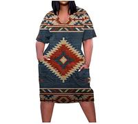 AnnSemo Summer Plus Size Sundress for Women UK Round Neck Short Sleeves Dress Contrast Colour Printing Dress Beach Cover Ups A-line Loose T-Shirt Casual Vacation Sexy Midi